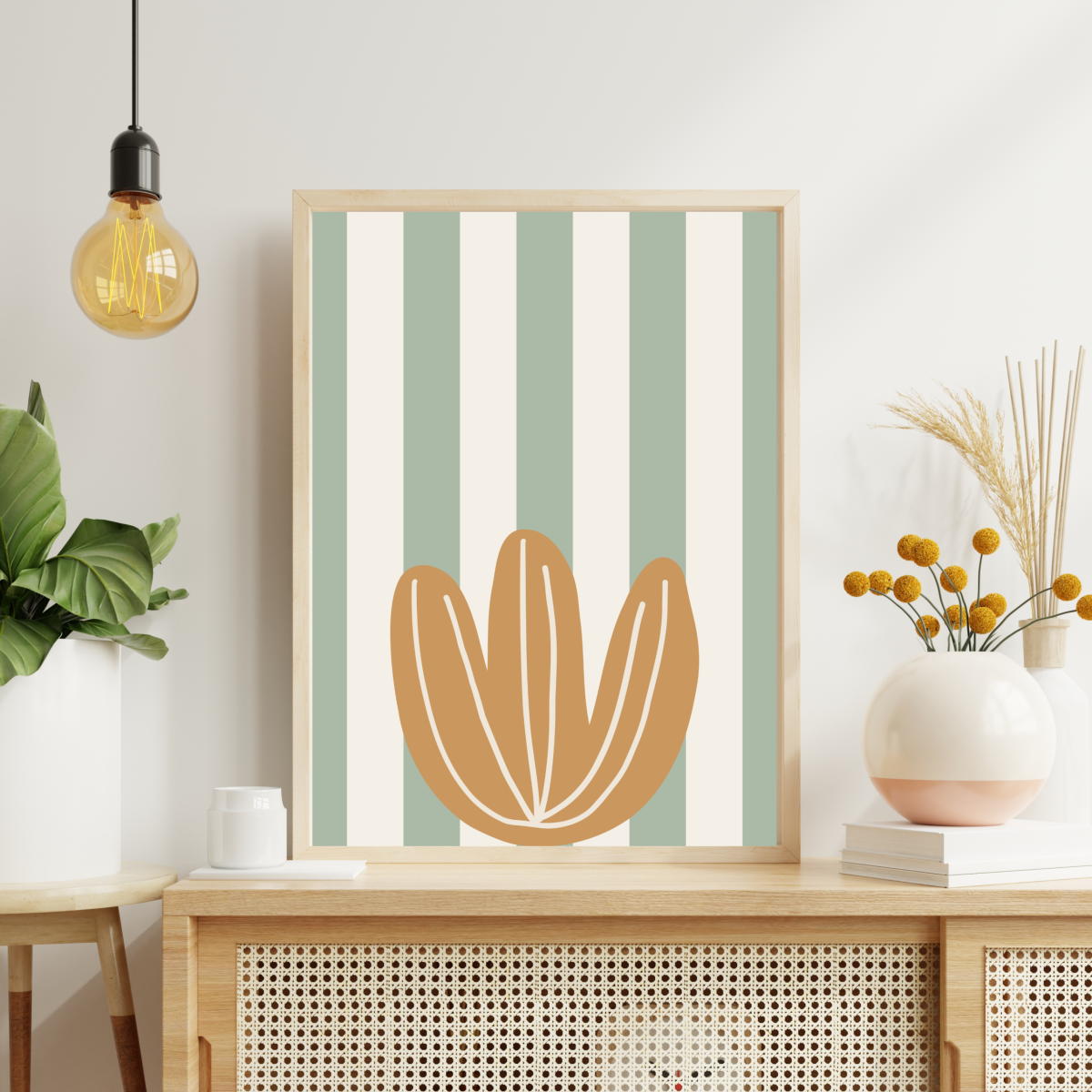 Çizgili Yeşil Zeminli Minimal Çiçek Poster – Modern Duvar Tablosu - Görsel 2