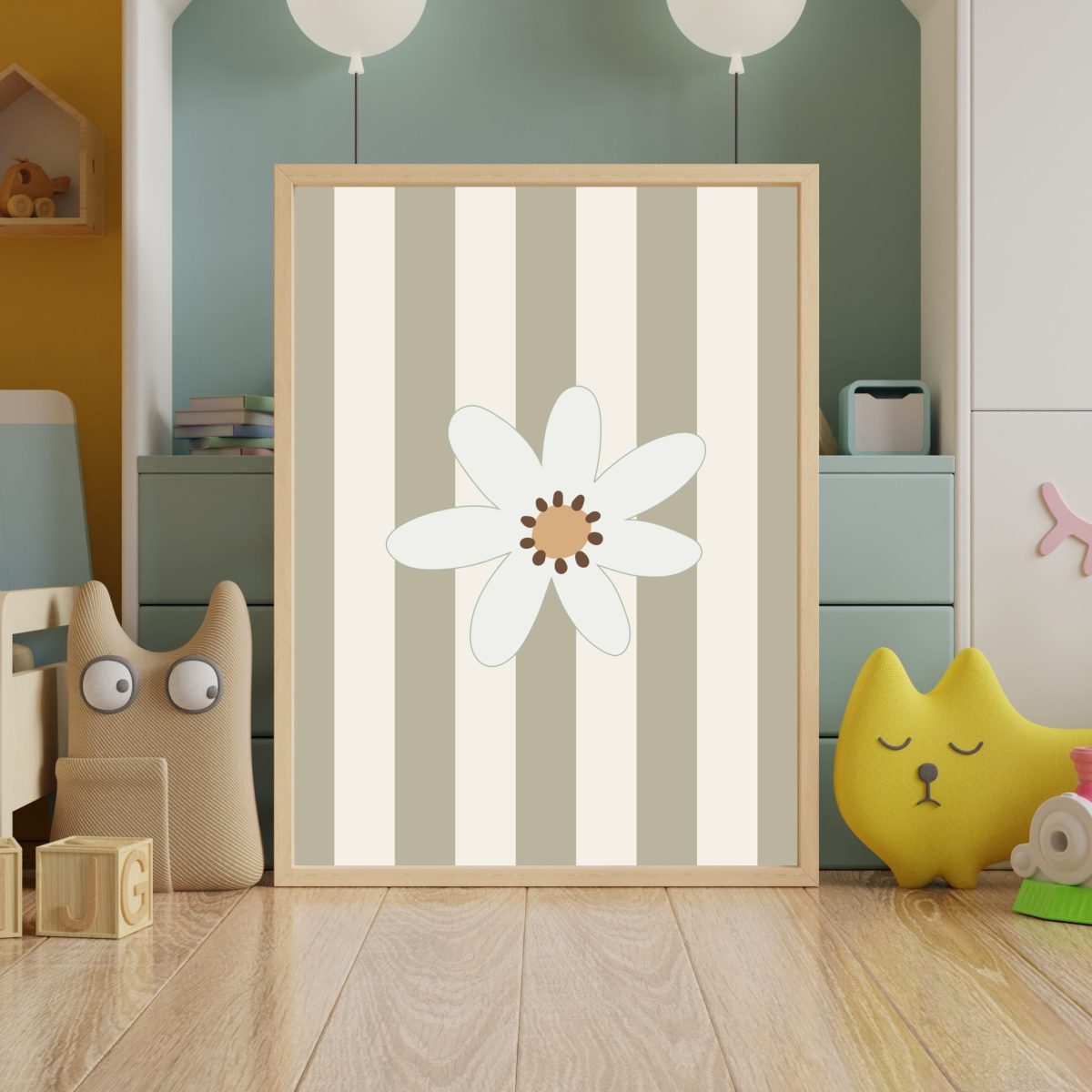 Taupe Çizgili Papatya Poster – Nötr Çocuk Odası Duvar Dekoru - Görsel 2