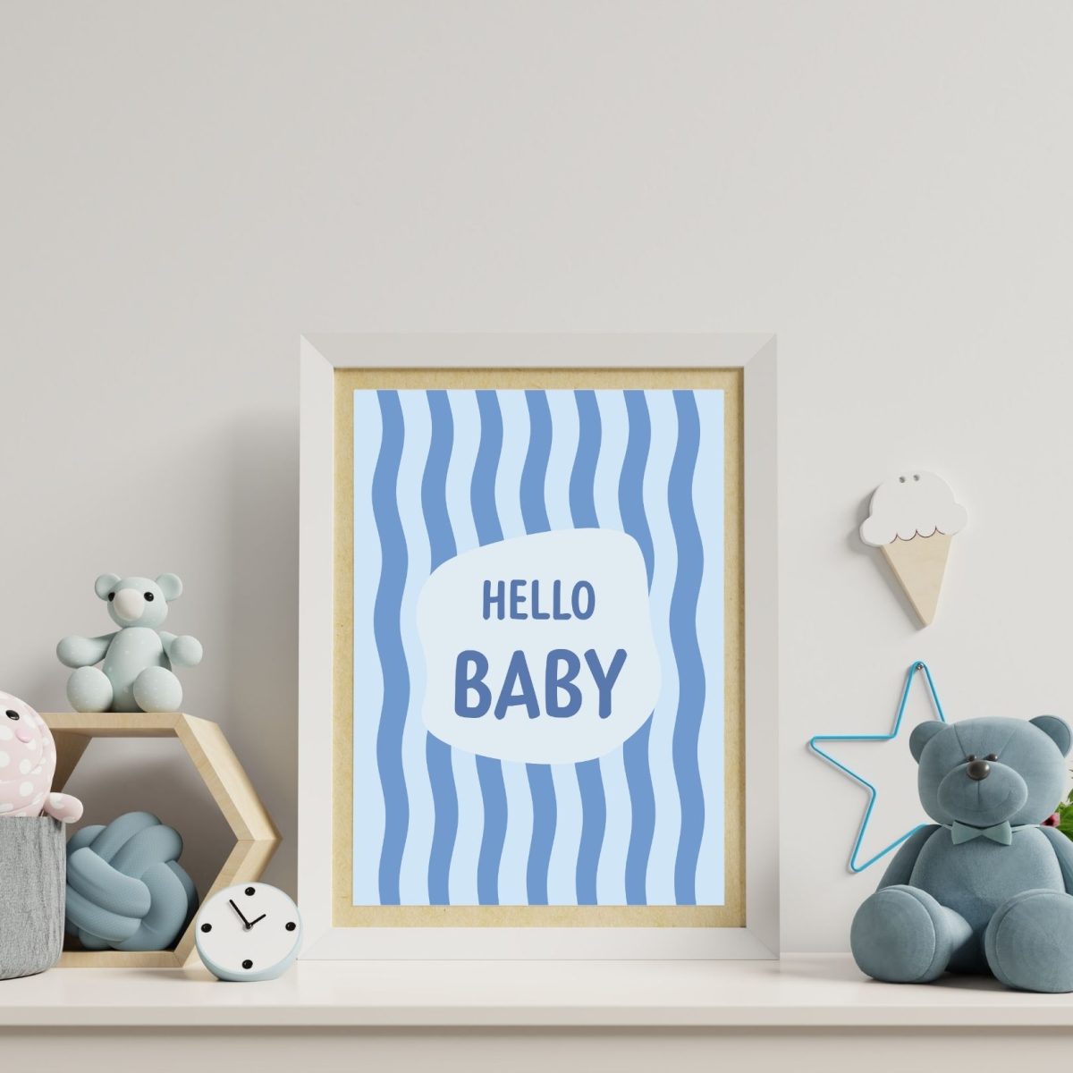 Hello Baby Mavi Çizgili Bebek Odası Posteri | Modern Tipografik Çocuk Odası Duvar Dekoru - Görsel 2