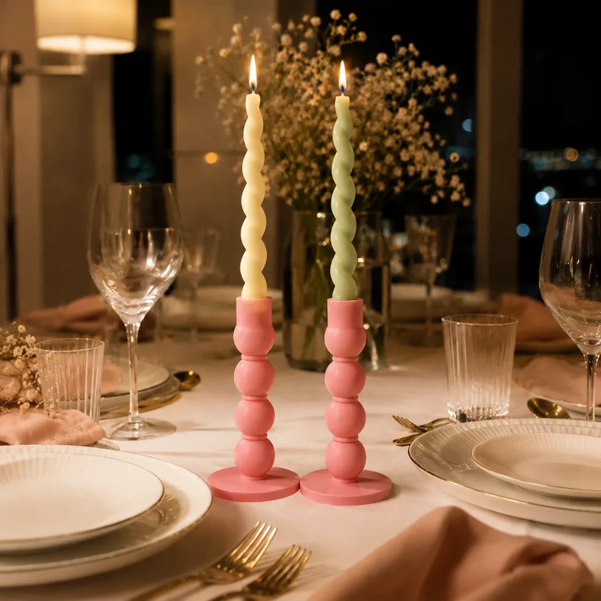 Pembe Baloncuk Formlu İkili Şamdan – Modern Dekoratif Mumluk - Görsel 3